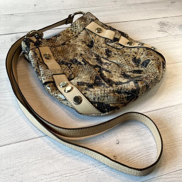 B Makowsky Leather Faux Snakeskin Crossbody Bag - Beige, Black - Picture 15 of 16